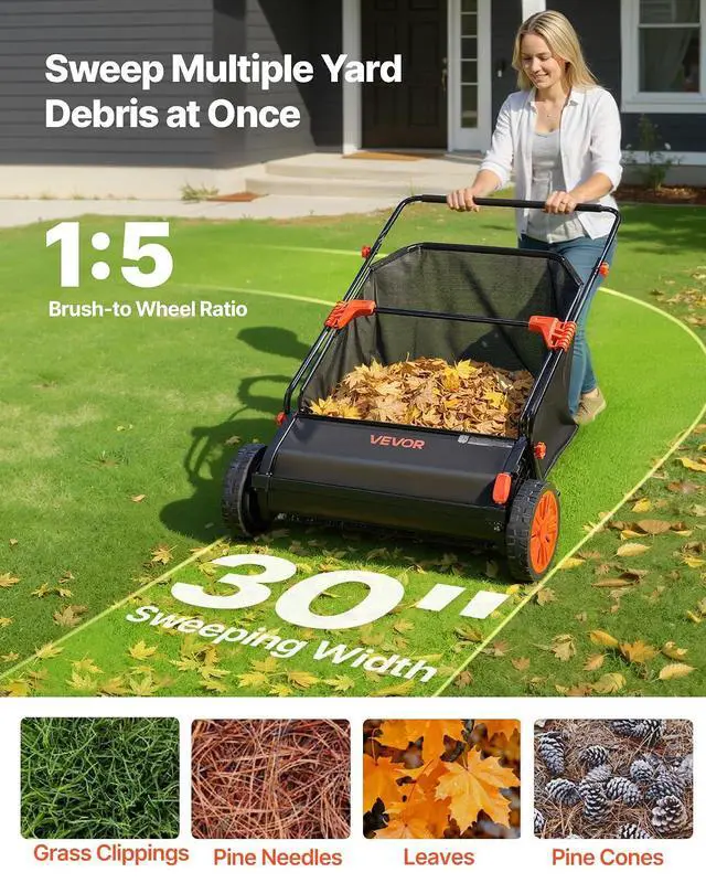 Alt view image 2 of 7 - Push Lawn Sweeper, 30 in Leaf & Grass Collector with 12 cu. ft. Hopper Bag, Adjustable Brush Height & Spinning Brushes, Heavy Duty Yard Sweeper with Rubber Wheels for Leaves Grass Cleanup