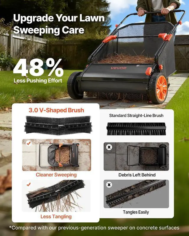 Alt view image 3 of 7 - Push Lawn Sweeper, 30 in Leaf & Grass Collector with 12 cu. ft. Hopper Bag, Adjustable Brush Height & Spinning Brushes, Heavy Duty Yard Sweeper with Rubber Wheels for Leaves Grass Cleanup