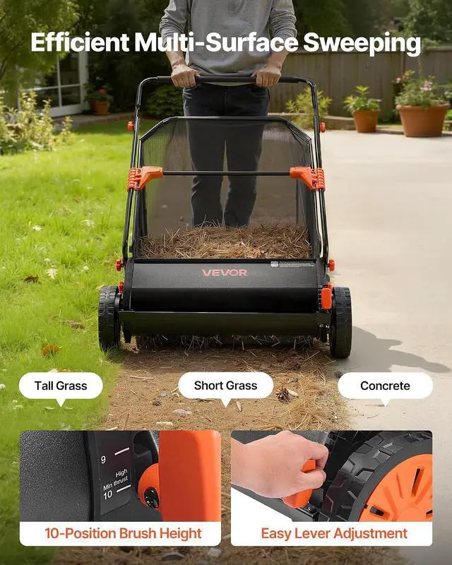 Alt view image 4 of 7 - Push Lawn Sweeper, 30 in Leaf & Grass Collector with 12 cu. ft. Hopper Bag, Adjustable Brush Height & Spinning Brushes, Heavy Duty Yard Sweeper with Rubber Wheels for Leaves Grass Cleanup