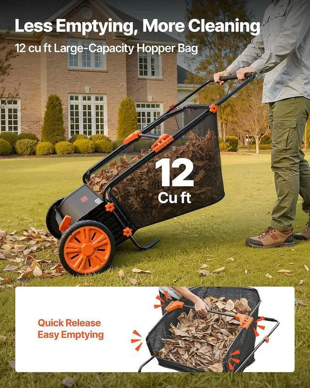 Alt view image 6 of 7 - Push Lawn Sweeper, 30 in Leaf & Grass Collector with 12 cu. ft. Hopper Bag, Adjustable Brush Height & Spinning Brushes, Heavy Duty Yard Sweeper with Rubber Wheels for Leaves Grass Cleanup