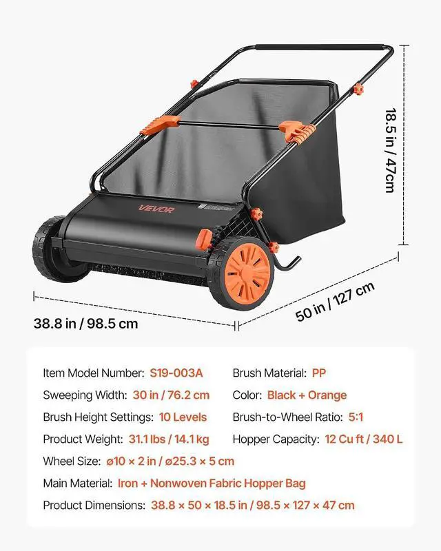 Alt view image 7 of 7 - Push Lawn Sweeper, 30 in Leaf & Grass Collector with 12 cu. ft. Hopper Bag, Adjustable Brush Height & Spinning Brushes, Heavy Duty Yard Sweeper with Rubber Wheels for Leaves Grass Cleanup