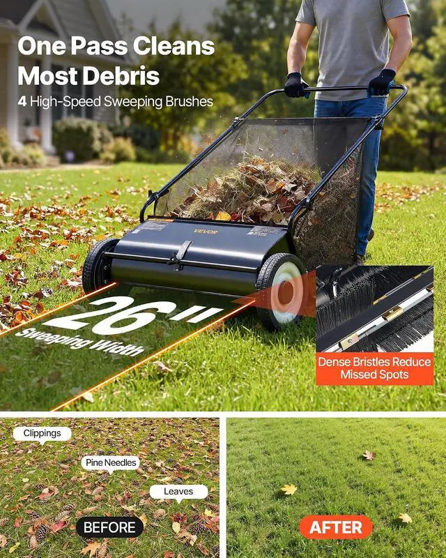 Alt view image 2 of 7 - Push Lawn Sweeper, 26 Inch Leaf & Grass Collector, Strong Rubber Wheels & Heavy Duty Thickened Steel Durable to Use with Large Capacity 7 ft³ Mesh Collection Bag, 4 Spinning Brushes