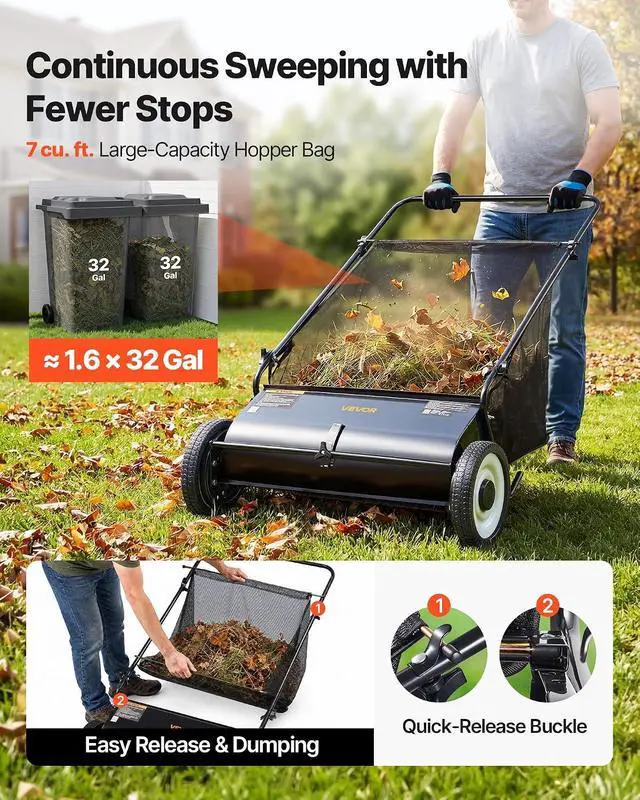 Alt view image 5 of 7 - Push Lawn Sweeper, 26 Inch Leaf & Grass Collector, Strong Rubber Wheels & Heavy Duty Thickened Steel Durable to Use with Large Capacity 7 ft³ Mesh Collection Bag, 4 Spinning Brushes