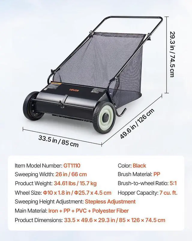 Alt view image 7 of 7 - Push Lawn Sweeper, 26 Inch Leaf & Grass Collector, Strong Rubber Wheels & Heavy Duty Thickened Steel Durable to Use with Large Capacity 7 ft³ Mesh Collection Bag, 4 Spinning Brushes