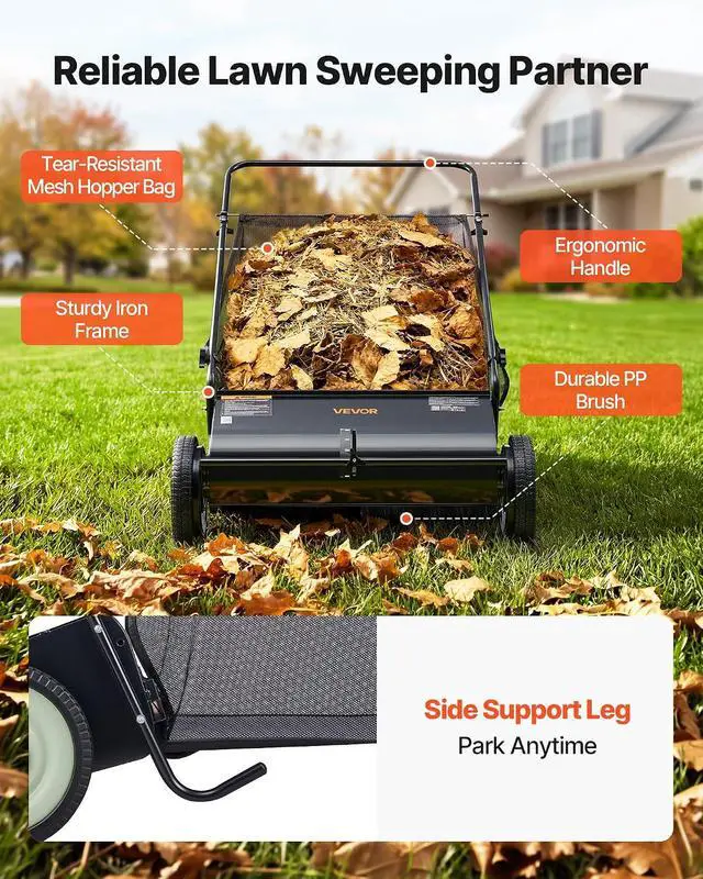 Alt view image 6 of 7 - Push Lawn Sweeper, 26 Inch Leaf & Grass Collector, Strong Rubber Wheels & Heavy Duty Thickened Steel Durable to Use with Large Capacity 7 ft³ Mesh Collection Bag, 4 Spinning Brushes