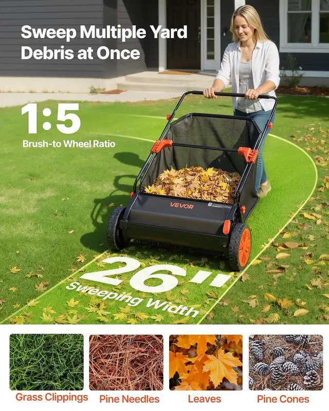 Alt view image 2 of 7 - Push Lawn Sweeper, 26 in Leaf & Grass Collector with 7 cu. ft. Hopper Bag, Adjustable Brush Height & Spinning Brushes, Heavy Duty Yard Sweeper with Rubber Wheels for Leaves Grass Cleanup