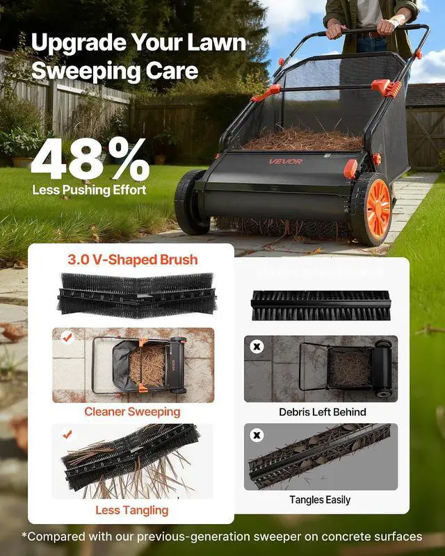 Alt view image 3 of 7 - Push Lawn Sweeper, 26 in Leaf & Grass Collector with 7 cu. ft. Hopper Bag, Adjustable Brush Height & Spinning Brushes, Heavy Duty Yard Sweeper with Rubber Wheels for Leaves Grass Cleanup