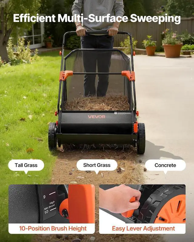 Alt view image 4 of 7 - Push Lawn Sweeper, 26 in Leaf & Grass Collector with 7 cu. ft. Hopper Bag, Adjustable Brush Height & Spinning Brushes, Heavy Duty Yard Sweeper with Rubber Wheels for Leaves Grass Cleanup