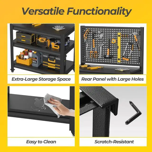 Alt view image 6 of 7 - Work Bench with Pegboard,Heavy Duty Workbench with Wheels Adjustable Shelves,Tool Cart,Work Table for Garage Warehouse47.2 H*33.46" W*18" D