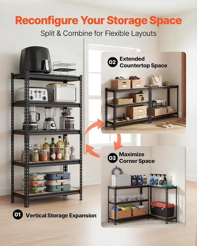 Alt view image 5 of 7 - Garage Shelving, 5-Tier Adjustable Storage Shelves, 3000 lbs Heavy Duty Garage Shelves, Metal Utility Rack Shelf for Garage Workshop Warehouse Basement, 59.49" W x 20.55" D x 71.38" H