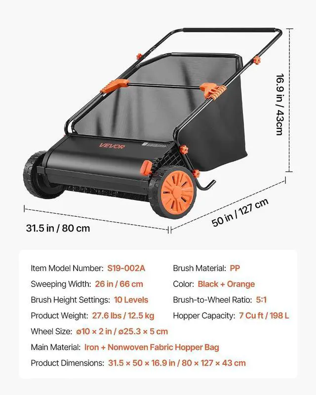 Alt view image 7 of 7 - Push Lawn Sweeper, 26 in Leaf & Grass Collector with 7 cu. ft. Hopper Bag, Adjustable Brush Height & Spinning Brushes, Heavy Duty Yard Sweeper with Rubber Wheels for Leaves Grass Cleanup