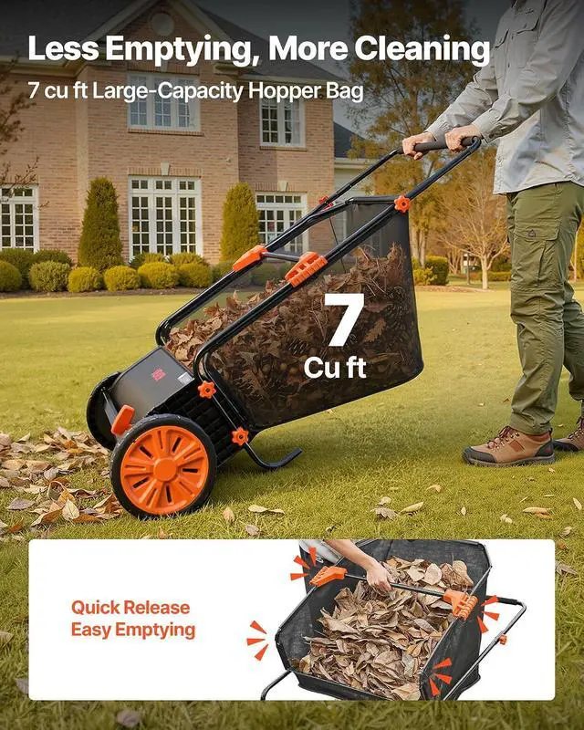 Alt view image 6 of 7 - Push Lawn Sweeper, 26 in Leaf & Grass Collector with 7 cu. ft. Hopper Bag, Adjustable Brush Height & Spinning Brushes, Heavy Duty Yard Sweeper with Rubber Wheels for Leaves Grass Cleanup