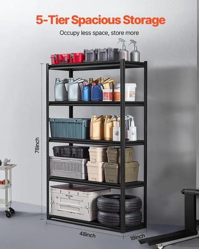 Alt view image 3 of 7 - Storage Shelves, 3000 lbs, 5 Tier Garage Storage Shelving, 18" D x 48" W x 78" H Adjustable Metal Shelves for Garage Shelves Utility Rack Shelf, Ideal for Kitchen, Warehouse, Basement, Black
