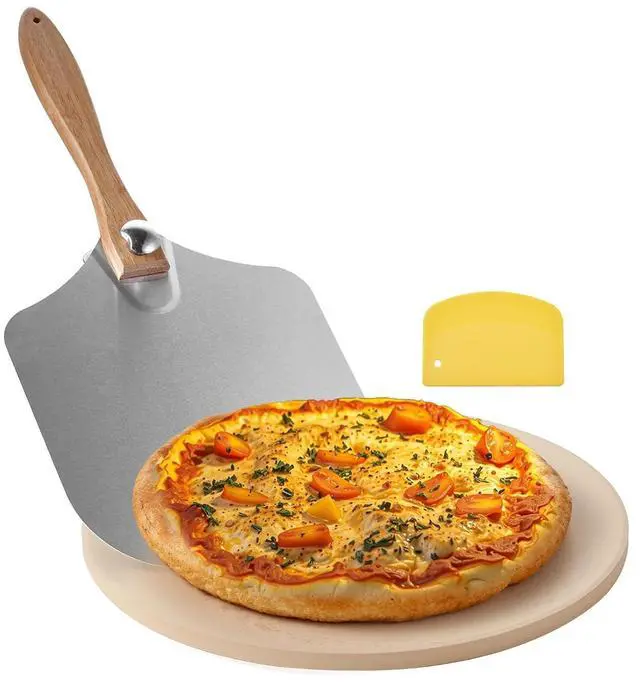 Main image of Pizza Stone, 15 in Round Pizza Stone, 0.67 in Large Cordierite Baking-Stone with Metal Peel, Scrape, 1450 Heat-Resistant Cooking Stones, for Kitchen Oven, Baking Pizzas, BBQ Grill