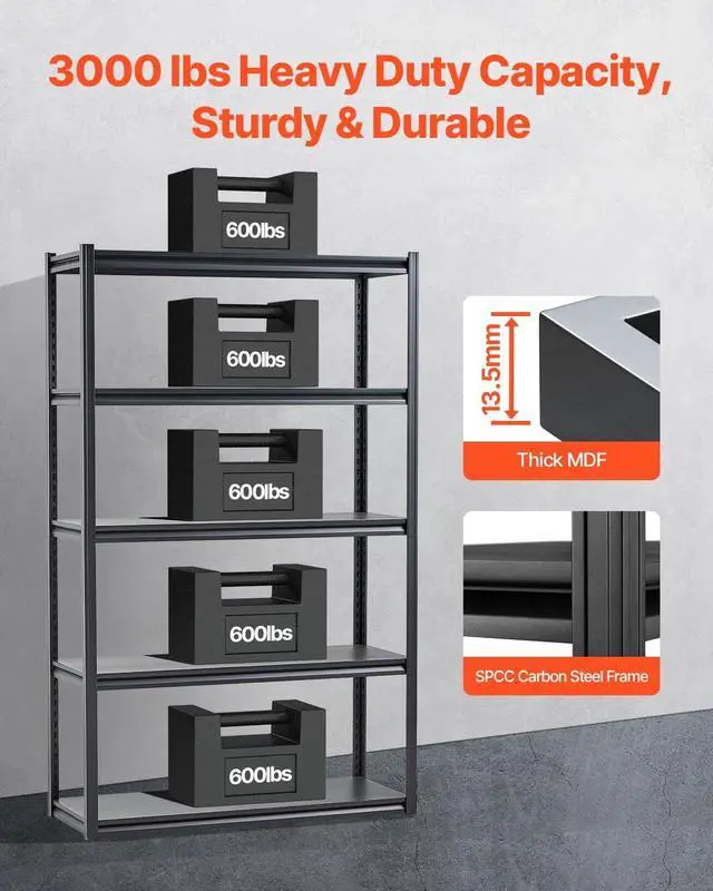 Alt view image 4 of 7 - Storage Shelves, 3000 lbs, 5 Tier Garage Storage Shelving, 18" D x 48" W x 78" H Adjustable Metal Shelves for Garage Shelves Utility Rack Shelf, Ideal for Kitchen, Warehouse, Basement, Black
