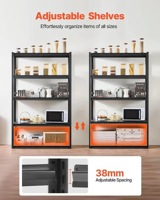 Alt view image 5 of 7 - Storage Shelves, 3000 lbs, 5 Tier Garage Storage Shelving, 18" D x 48" W x 78" H Adjustable Metal Shelves for Garage Shelves Utility Rack Shelf, Ideal for Kitchen, Warehouse, Basement, Black