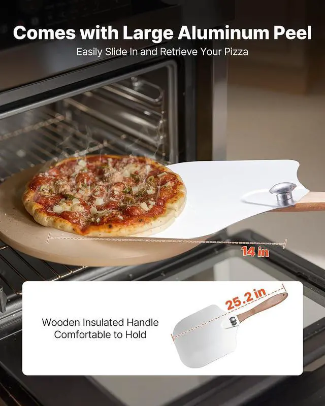 Alt view image 4 of 7 - Pizza Stone, 15 in Round Pizza Stone, 0.67 in Large Cordierite Baking-Stone with Metal Peel, Scrape, 1450 Heat-Resistant Cooking Stones, for Kitchen Oven, Baking Pizzas, BBQ Grill