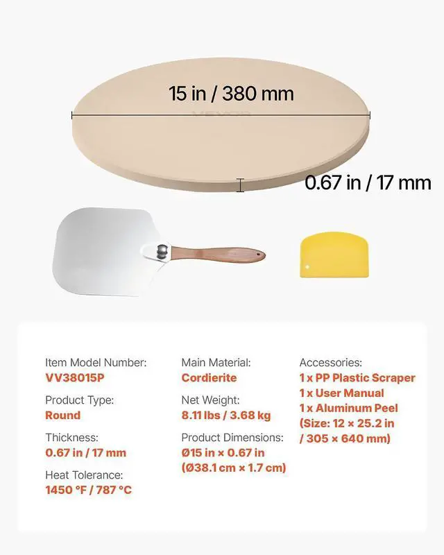 Alt view image 7 of 7 - Pizza Stone, 15 in Round Pizza Stone, 0.67 in Large Cordierite Baking-Stone with Metal Peel, Scrape, 1450 Heat-Resistant Cooking Stones, for Kitchen Oven, Baking Pizzas, BBQ Grill