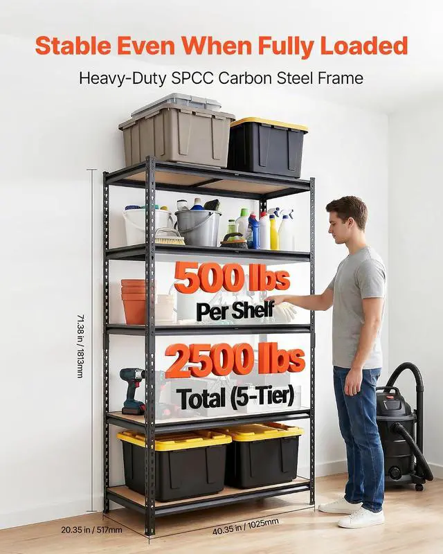 Alt view image 3 of 7 - Storage Shelves, 5-Tier Adjustable, 2500 lbs Capacity, Heavy Duty Garage Storage Shelving Unit, Metal Utility Rack Shelf, for Garage Warehouse Basement Kitchen, 40.35" W x 20.35" D x 71.38" H