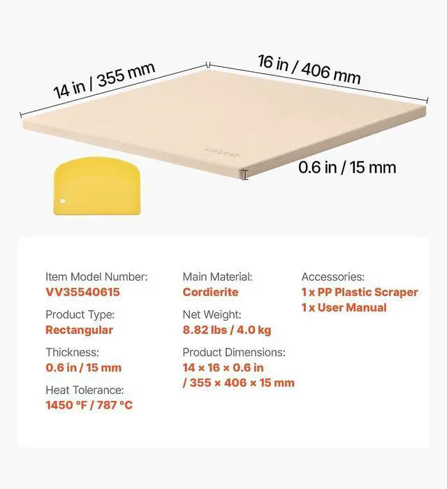 Alt view image 7 of 7 - Pizza Stone, 16 x 14 x 0.6 Inch Rectangular Cordierite Pizza Stone, Large Baking-Stone with Scraper, 1450 Heat-Resistant Cordierite Cooking Stones for Kitchen Bake Oven, BBQ Grill