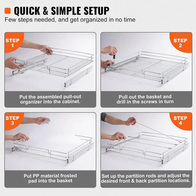 Alt view image 5 of 7 - 21.5" Wx21 Dx3.5 H Pull Out Cabinet Organizer, Heavy Duty Slide Out Pantry Shelves, Chrome-Plated Steel Roll Out Drawers, Storage for Home, Under Sink, 23" Wx22 Dx7 H Install Size for Cabinet