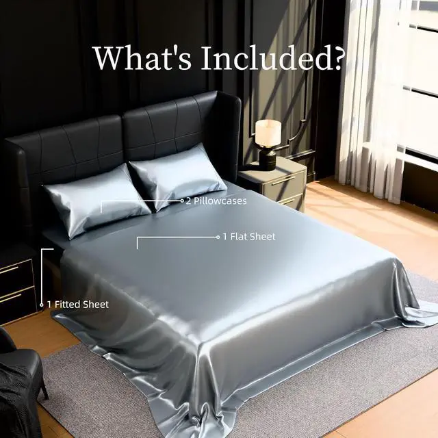 Alt view image 7 of 7 - Ultra-Soft Satin Sheets Full Size Bed Set, Luxury Soft Grey Silky Sheets for Hair and Skin, Non-Fading & Wrinkle Free, 2 Pillowcases, 1 Flat Sheet, 1 Fitted Sheet