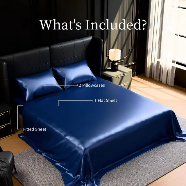 Alt view image 6 of 7 - Ultra-Soft Satin Sheets Queen Size Bed Set, Luxury Soft Navy Blue Silky Sheets for Hair and Skin, Non-Fading & Wrinkle Free, 2 Pillowcases, 1 Flat Sheet, 1 Fitted Sheet