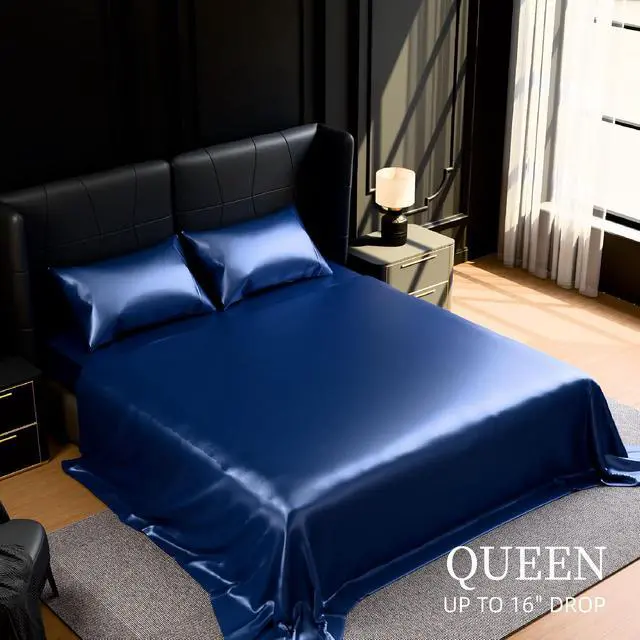 Alt view image 7 of 7 - Ultra-Soft Satin Sheets Queen Size Bed Set, Luxury Soft Navy Blue Silky Sheets for Hair and Skin, Non-Fading & Wrinkle Free, 2 Pillowcases, 1 Flat Sheet, 1 Fitted Sheet