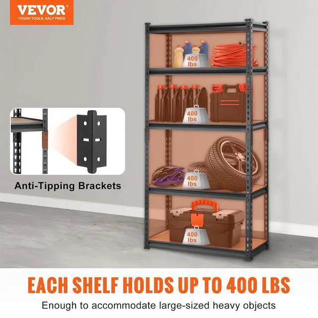 Alt view image 4 of 7 - Storage Shelving Unit, 5-Tier Adjustable, 2000 lbs Capacity, Heavy Duty Garage Shelves Metal Organizer Utility Rack, Black, 30" L x 12" W x 60" H for Kitchen Pantry Basement Bathroom Laundry