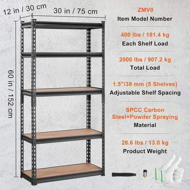 Alt view image 3 of 7 - Storage Shelving Unit, 5-Tier Adjustable, 2000 lbs Capacity, Heavy Duty Garage Shelves Metal Organizer Utility Rack, Black, 30" L x 12" W x 60" H for Kitchen Pantry Basement Bathroom Laundry