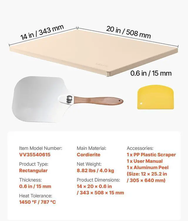 Alt view image 7 of 7 - Pizza Stone, 20 x 14 x 0.6 in Rectangular Cordierite Pizza Stone, 1450 Heat-Resistant Cook Stone, Extra Large Baking-Stone with Metal Peel, Scraper, for Kitchen Bake Oven, BBQ Grill