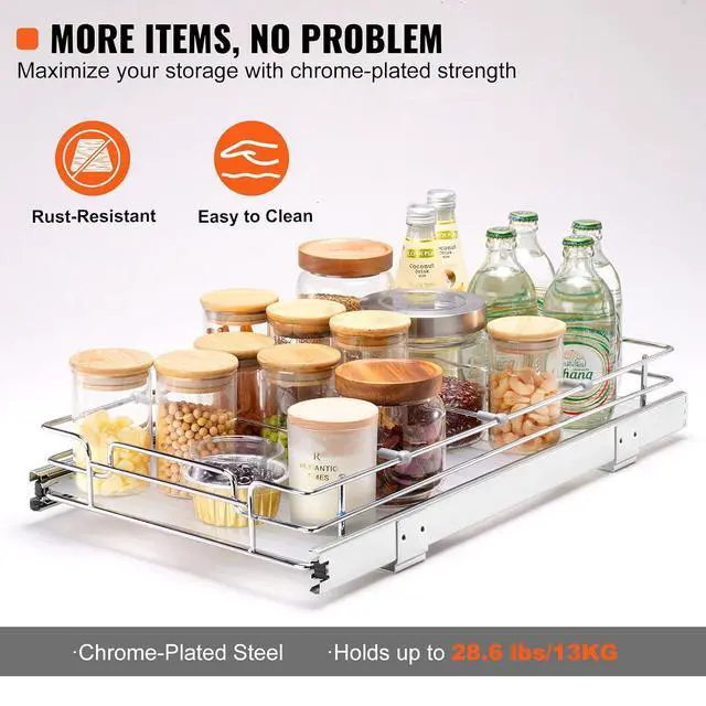Alt view image 4 of 7 - 12.5"Wx21"Dx3.5"H Pull Out Cabinet Organizer, Heavy Duty Slide Out Pantry Shelves, Chrome-Plated Steel Roll Out Drawer, Drawer Storage for Home Under Sink, 14"Wx22"Dx7"H Install Size for Cabinet