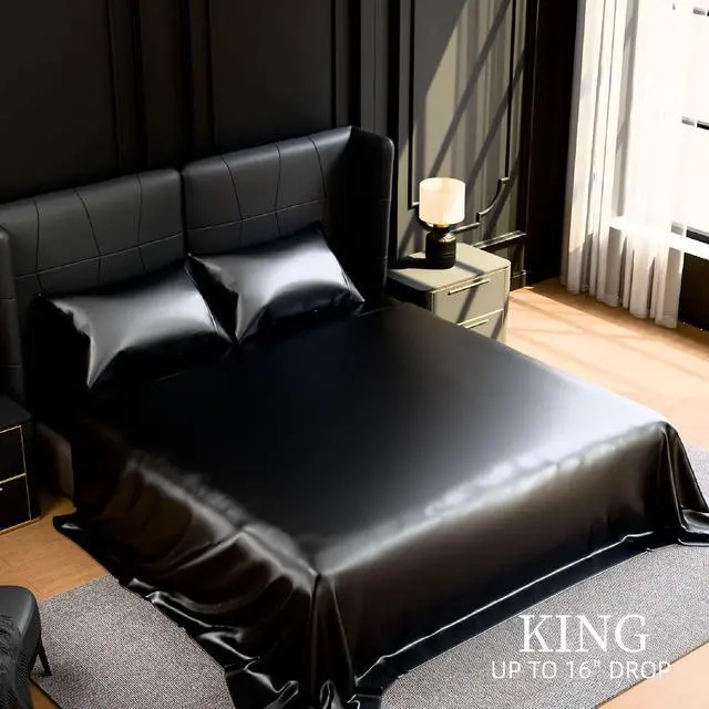 Alt view image 6 of 7 - Ultra-Soft Satin Sheets King Size Bed Set, Luxury Soft Black Silky Sheets for Hair and Skin, Non-Fading & Wrinkle Free, 2 Pillowcases, 1 Flat Sheet, 1 Fitted Sheet