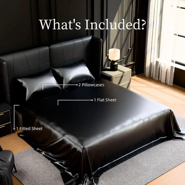 Alt view image 7 of 7 - Ultra-Soft Satin Sheets Queen Size Bed Set, Luxury Soft Black Silky Sheets for Hair and Skin, Non-Fading & Wrinkle Free, 2 Pillowcases, 1 Flat Sheet, 1 Fitted Sheet