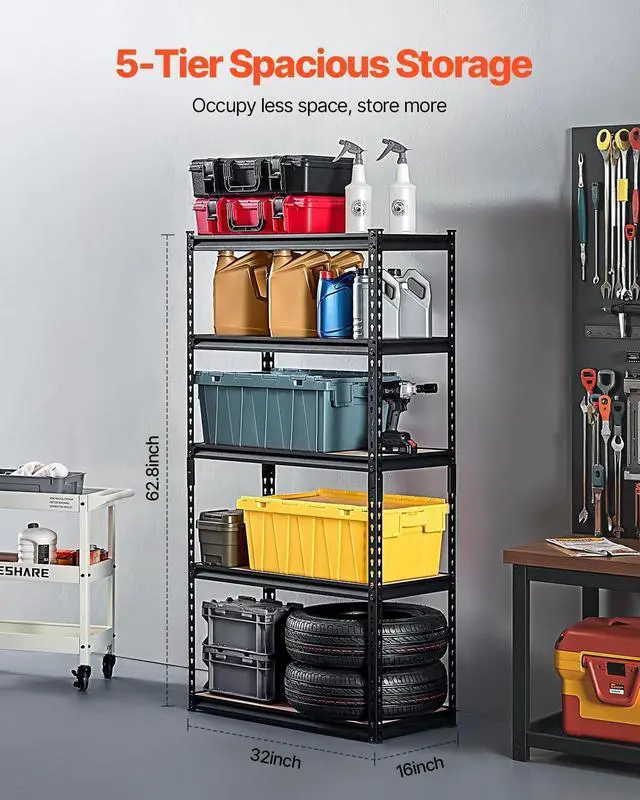 Alt view image 3 of 7 - Storage Shelves, 2000 lbs, 5 Tier Garage Storage Shelving, 16" D x 32" W x 62.8" H Adjustable Metal Shelves for Garage Shelves Utility Rack Shelf, Ideal for Kitchen, Warehouse, Basement, Black