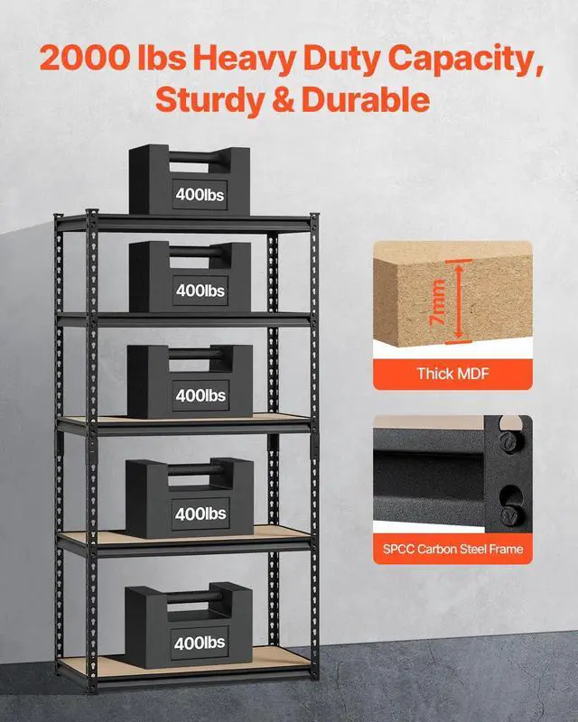 Alt view image 4 of 7 - Storage Shelves, 2000 lbs, 5 Tier Garage Storage Shelving, 16" D x 32" W x 62.8" H Adjustable Metal Shelves for Garage Shelves Utility Rack Shelf, Ideal for Kitchen, Warehouse, Basement, Black
