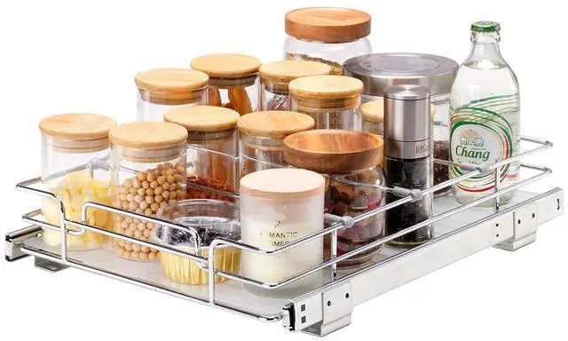 Main image of 12.5"Wx16.5"Dx3.5"H Pull Out Cabinet Organizer, Heavy Duty Slide Out Pantry Shelves, Chrome-Plated Steel Roll Out Drawers Storage, for Home, Under Sink, 14"Wx17.5"Dx7"H Install Size for Cabinet