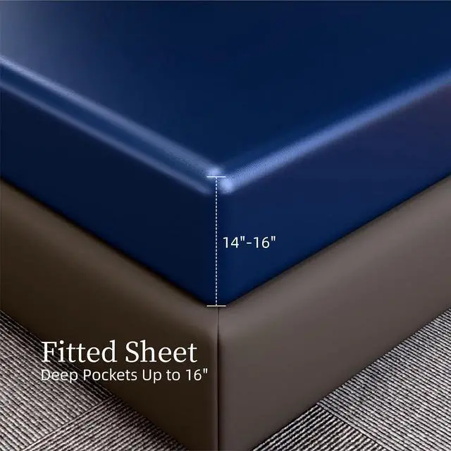 Alt view image 5 of 7 - Ultra-Soft Satin Sheets King Size Bed Set, Luxury Soft Navy Blue Silky Sheets for Hair and Skin, Non-Fading & Wrinkle Free, 2 Pillowcases, 1 Flat Sheet, 1 Fitted Sheet