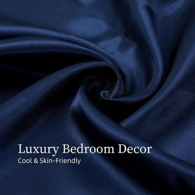 Alt view image 2 of 7 - Ultra-Soft Satin Sheets King Size Bed Set, Luxury Soft Navy Blue Silky Sheets for Hair and Skin, Non-Fading & Wrinkle Free, 2 Pillowcases, 1 Flat Sheet, 1 Fitted Sheet