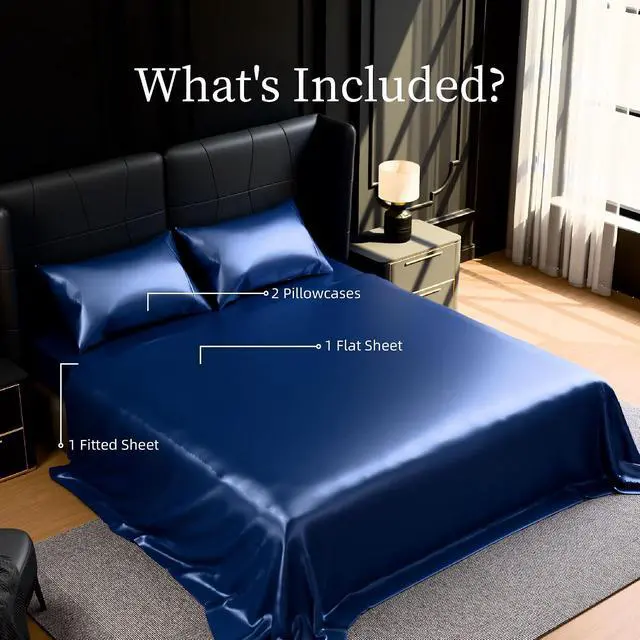 Alt view image 7 of 7 - Ultra-Soft Satin Sheets King Size Bed Set, Luxury Soft Navy Blue Silky Sheets for Hair and Skin, Non-Fading & Wrinkle Free, 2 Pillowcases, 1 Flat Sheet, 1 Fitted Sheet