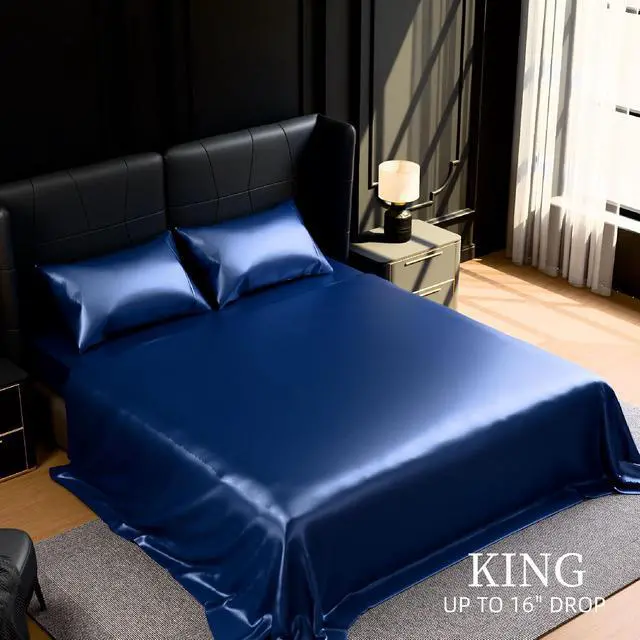 Alt view image 6 of 7 - Ultra-Soft Satin Sheets King Size Bed Set, Luxury Soft Navy Blue Silky Sheets for Hair and Skin, Non-Fading & Wrinkle Free, 2 Pillowcases, 1 Flat Sheet, 1 Fitted Sheet