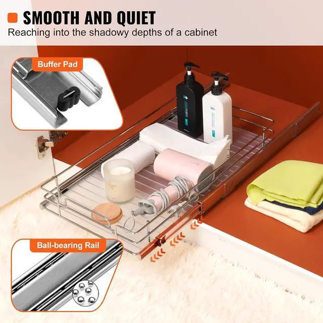 Alt view image 3 of 7 - 12.5"Wx16.5"Dx3.5"H Pull Out Cabinet Organizer, Heavy Duty Slide Out Pantry Shelves, Chrome-Plated Steel Roll Out Drawers Storage, for Home, Under Sink, 14"Wx17.5"Dx7"H Install Size for Cabinet