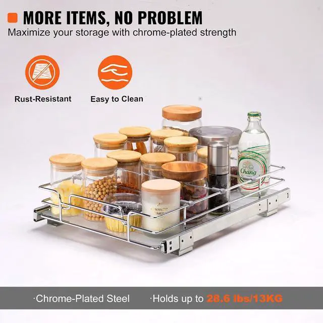 Alt view image 4 of 7 - 12.5"Wx16.5"Dx3.5"H Pull Out Cabinet Organizer, Heavy Duty Slide Out Pantry Shelves, Chrome-Plated Steel Roll Out Drawers Storage, for Home, Under Sink, 14"Wx17.5"Dx7"H Install Size for Cabinet