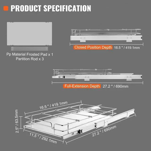 Alt view image 7 of 7 - 12.5"Wx16.5"Dx3.5"H Pull Out Cabinet Organizer, Heavy Duty Slide Out Pantry Shelves, Chrome-Plated Steel Roll Out Drawers Storage, for Home, Under Sink, 14"Wx17.5"Dx7"H Install Size for Cabinet