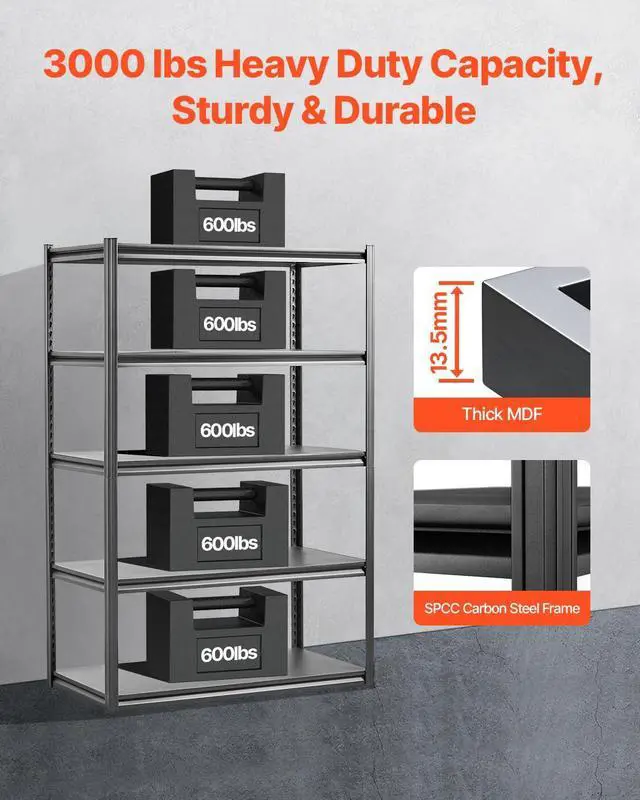 Alt view image 4 of 7 - Storage Shelves, 3000 lbs, 5 Tier Garage Storage Shelving, 24" D x 48" W x 72" H Adjustable Metal Shelves for Garage Shelves Utility Rack Shelf, Ideal for Kitchen, Warehouse, Basement, Black