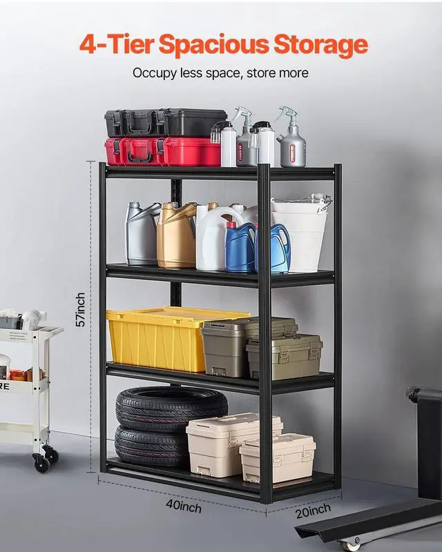 Alt view image 3 of 7 - Storage Shelves, 2400 lbs, 4 Tier Garage Storage Shelving, 20" D x 40" W x 57" H Adjustable Metal Shelves for Garage Shelves Utility Rack Shelf, Ideal for Kitchen, Warehouse, Basement, Black