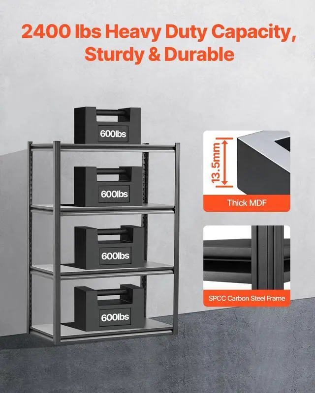 Alt view image 4 of 7 - Storage Shelves, 2400 lbs, 4 Tier Garage Storage Shelving, 20" D x 40" W x 57" H Adjustable Metal Shelves for Garage Shelves Utility Rack Shelf, Ideal for Kitchen, Warehouse, Basement, Black