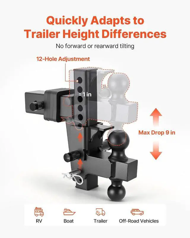 Alt view image 4 of 7 - Adjustable Trailer Hitch, Fit 2.5 Inch Receiver, Trailer Hitch Mount with 2 Inch & 2-5/16 Inch Balls, 21000 lbs GTW, 9 Inch Drop, Towing Ball Mounts for RVs, Off-Road Vehicles and Trucks, Black