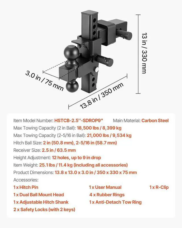 Alt view image 7 of 7 - Adjustable Trailer Hitch, Fit 2.5 Inch Receiver, Trailer Hitch Mount with 2 Inch & 2-5/16 Inch Balls, 21000 lbs GTW, 9 Inch Drop, Towing Ball Mounts for RVs, Off-Road Vehicles and Trucks, Black
