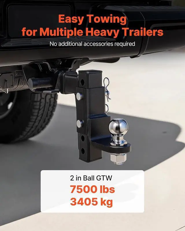 Alt view image 2 of 7 - Trailer Hitch Ball Mount, Fit 2-Inch Receiver, Adjustable Trailer Hitch with 2 Inch Ball & Pin, 7500 lbs GTW, 9.5 Inch Drop, Towing Ball Mounts for RVs, Off-Road Vehicles and Trucks, Black